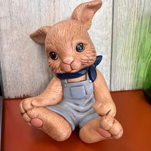 Vintage Boy Farmer Brown Bunny Rabbit Garden Decor Ceramic Hand Painted Kitschy